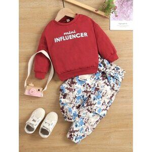 NEW SHEIN Toddler Girls Letter Graphic Pullover & Camo Print Flap Pocket Side Be